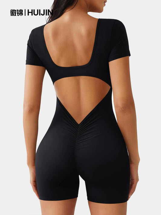 One-piece Yoga Suit Short-sleeved Square Neck Backless Hip-lifting Shorts Women's Jumpsuit