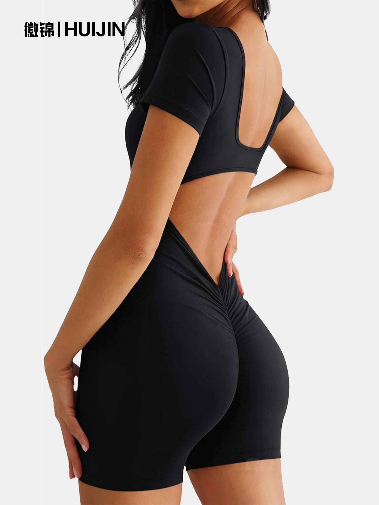 One-piece Yoga Suit Short-sleeved Square Neck Backless Hip-lifting Shorts Women's Jumpsuit